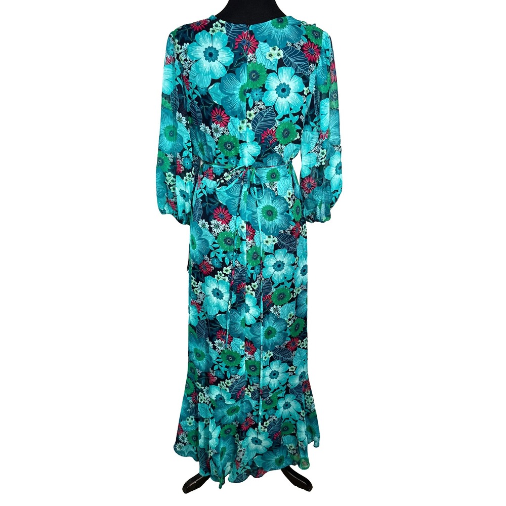 Maison Tara Teal Floral Chiffon Faux Wrap Maxi Dress Ruffle Boho Garden NWT 14 - Picture 4 of 11